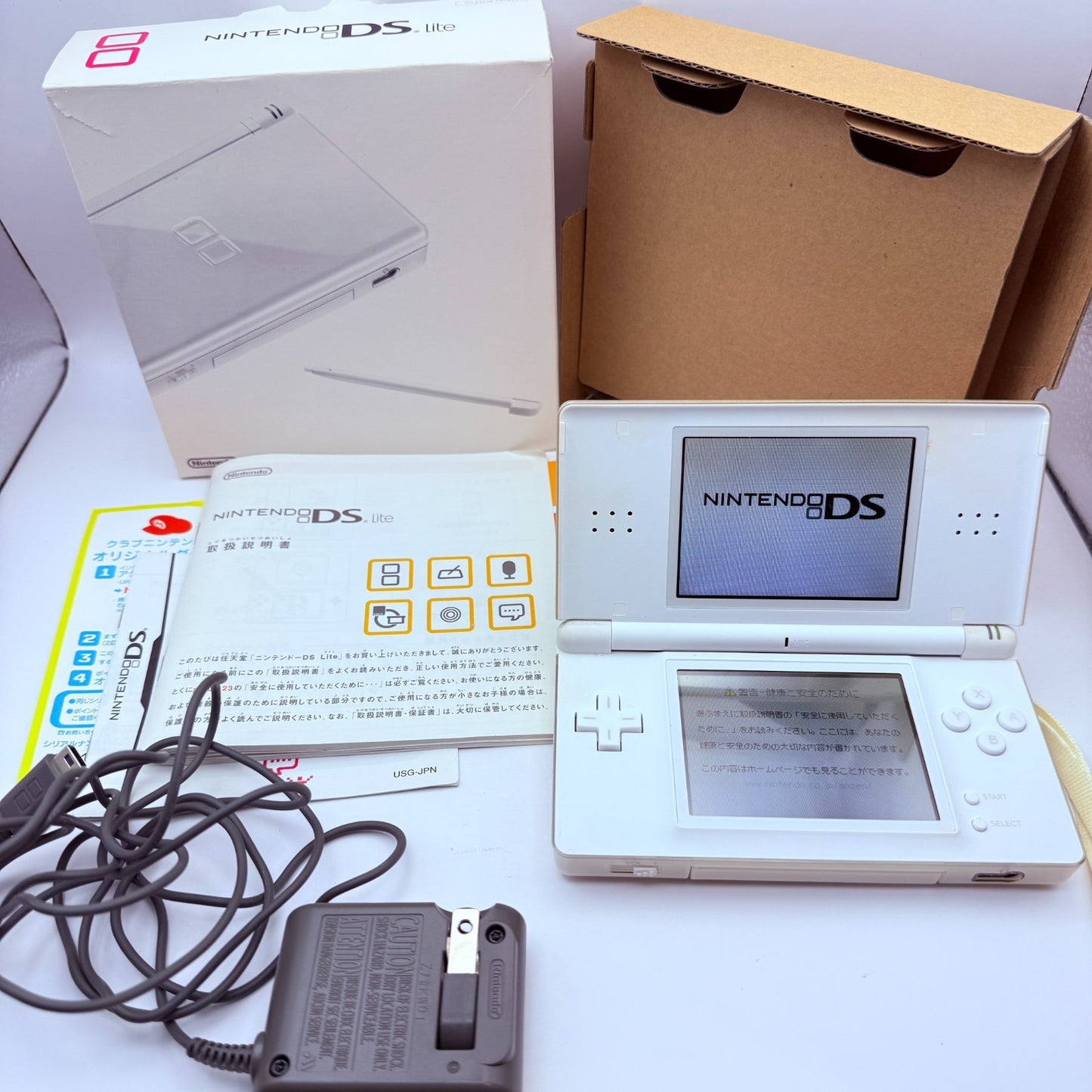 Nintendo DS Lite Console Crystal White Genuine Charger Pen Tested EUC0