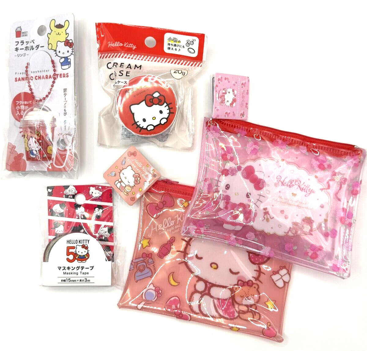 Hello Kitty 50th Anniversary Sanrio Flat Pouch＆Masking tape etc 5piece set0